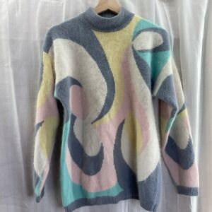 Vintage 80s Rafaella Sweater Angora Sz M Colorblock Mock Turtleneck Lambswool